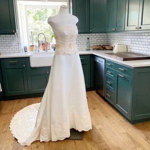 Oleg Cassini Ivory Champagne Strapless A-Line Wedding Dress w/ Train Sz 8 NWT